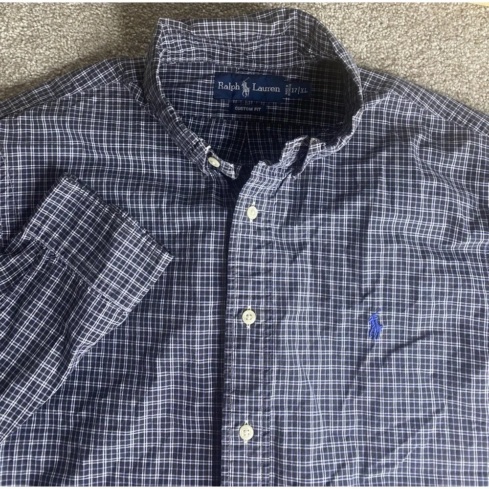 Polo Ralph Lauren Blue‎ Check Plaid Flannel Mens 17-XL Blue Pony Cotton Preppy